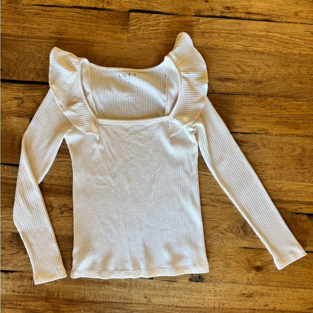 LOFT Cream Ribbed Blouse with Ruffled Shoulders
